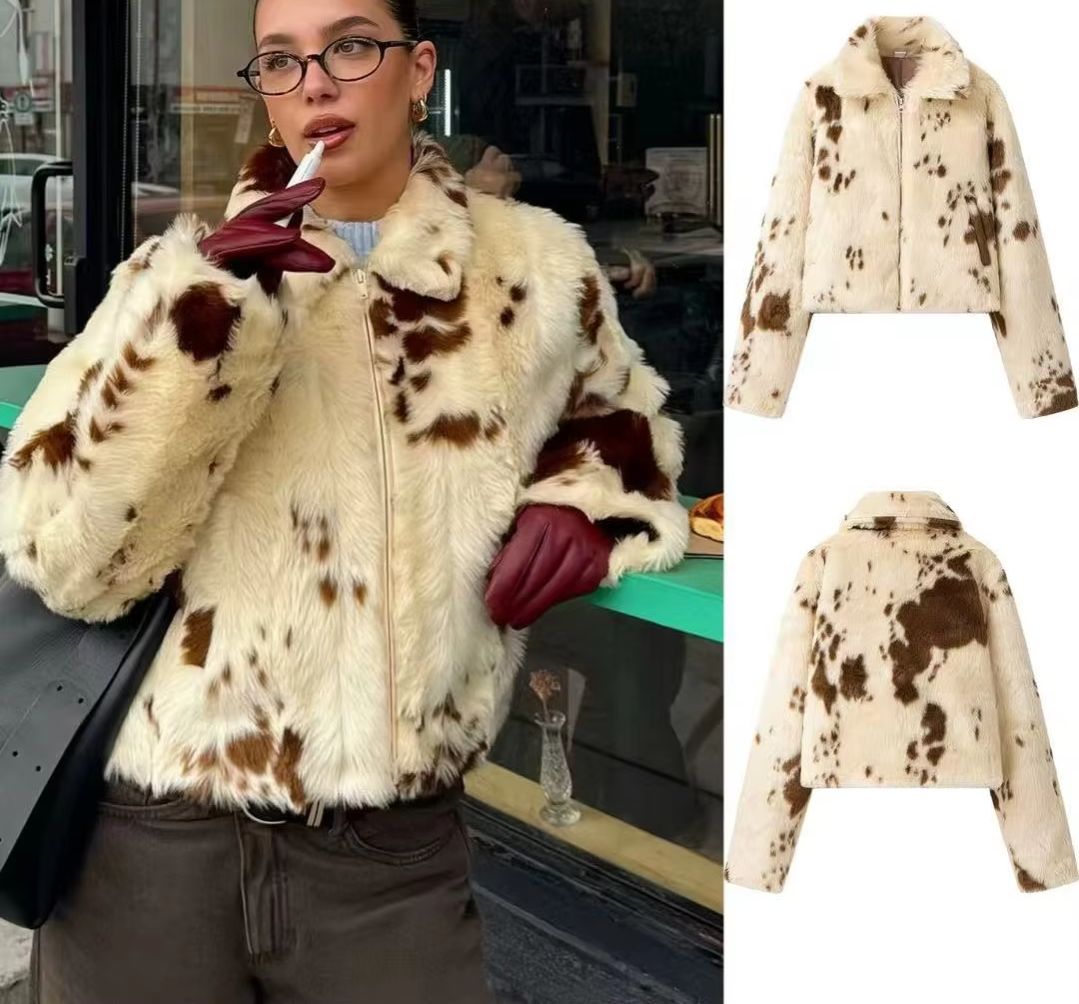 Streetwear Girl Brand - Manteau en fausse fourrure à imprimé